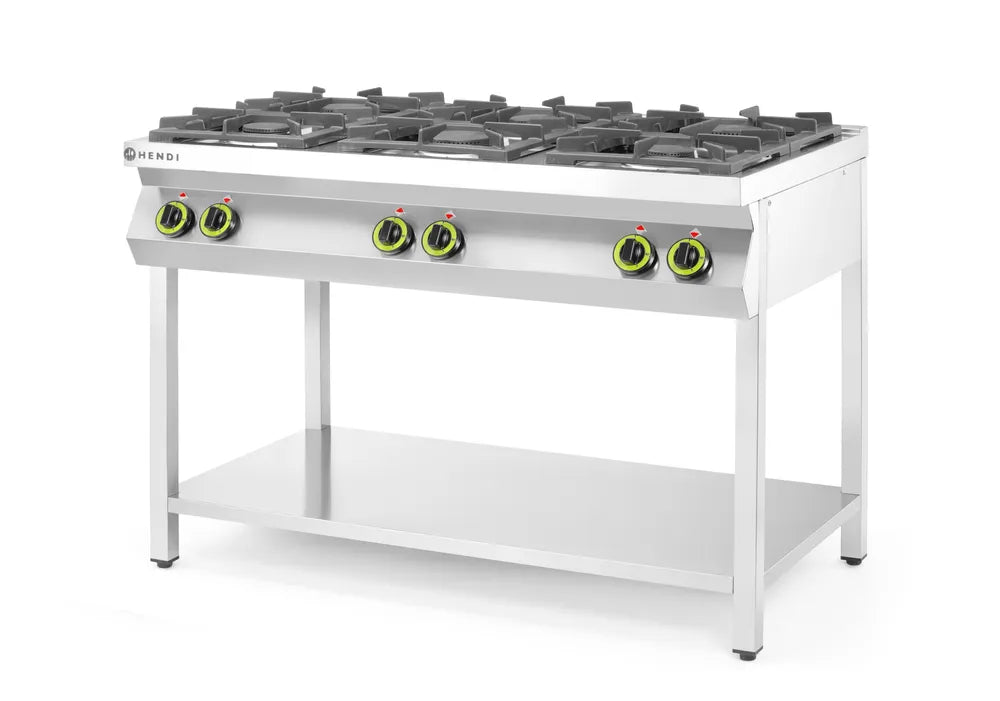 Gasherd - 6 Kochfelder, offener Unterbau, HENDI, Kitchen Line, 28,5kW, 1200x700x(H)900mm