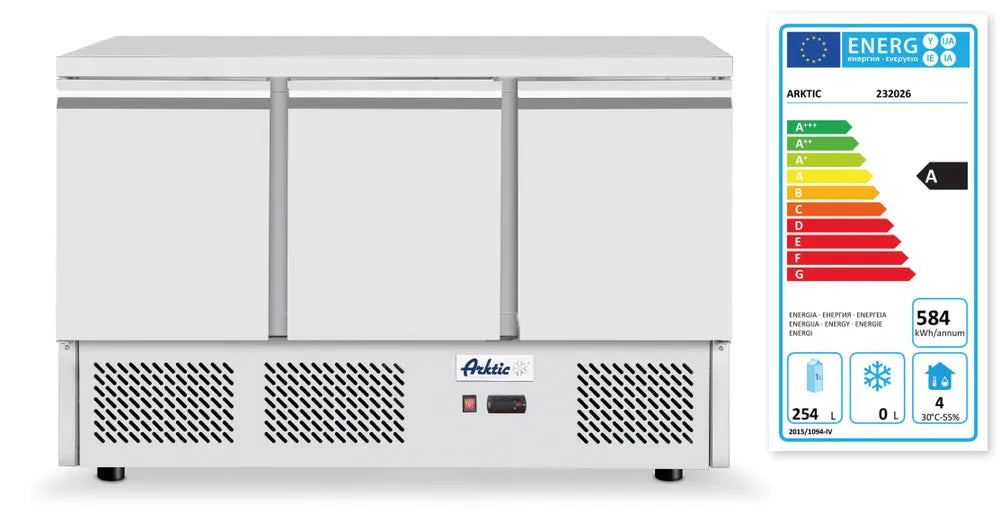 Pizzatisch, dreitürig mit Aufsatzkühlvitrine 380+40L, Arktic, 254L, 230V/400W, 1400x700x(H)1491mm