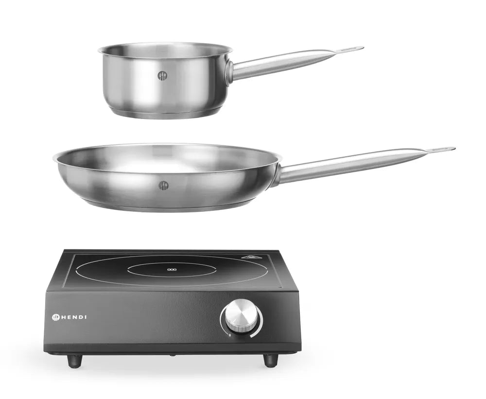 Set: Induktionskocher 3500W + Stielkasserolle + Bratpfanne, HENDI, Schwarz, 220-240V/3500W, 320x395x(H)95mm