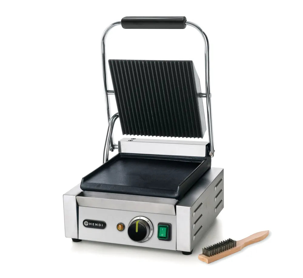 Kontaktgrill - Einzelversion, HENDI, oben gerillt, unten glatt, 230V/1800W, 310x375x(H)216mm