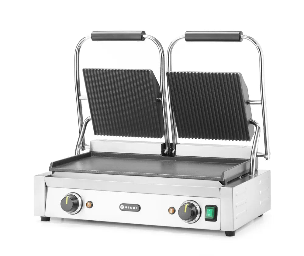 Kontaktgrill - Doppelversion, HENDI, oben gerillt, unten glatt, 230V/3600W, 570x375x(H)216mm