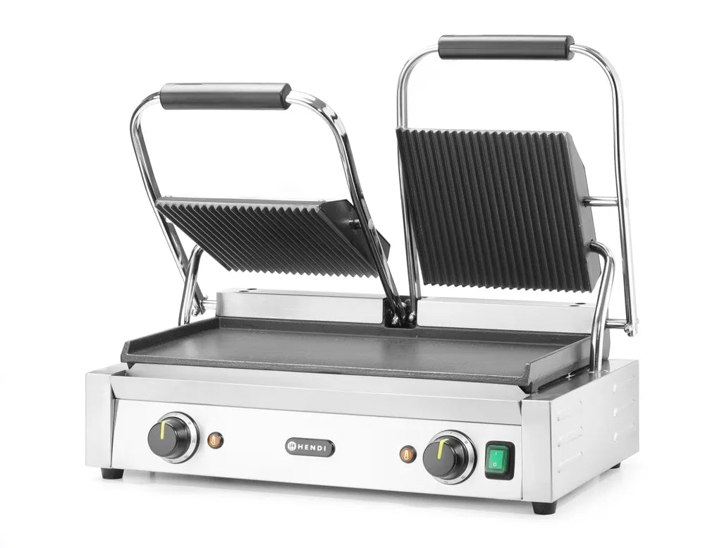 Kontaktgrill - Doppelversion, HENDI, oben gerillt, unten glatt, 230V/3600W, 570x375x(H)216mm