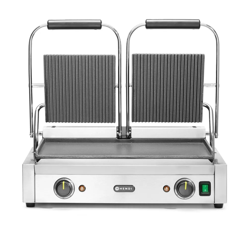 Kontaktgrill - Doppelversion, HENDI, oben gerillt, unten glatt, 230V/3600W, 570x375x(H)216mm
