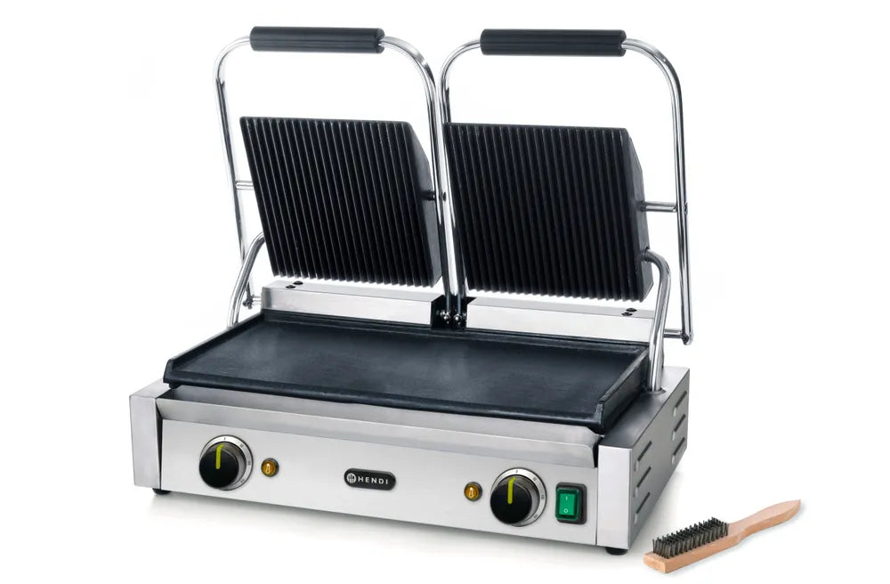 Kontaktgrill - Doppelversion, HENDI, oben gerillt, unten glatt, 230V/3600W, 570x375x(H)216mm