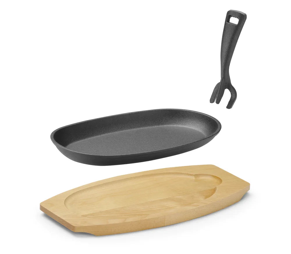 Gusseisenplatte mit Holzunterlage und Griff, HENDI, Schwarz, 280x143x(H)33mm, Oval