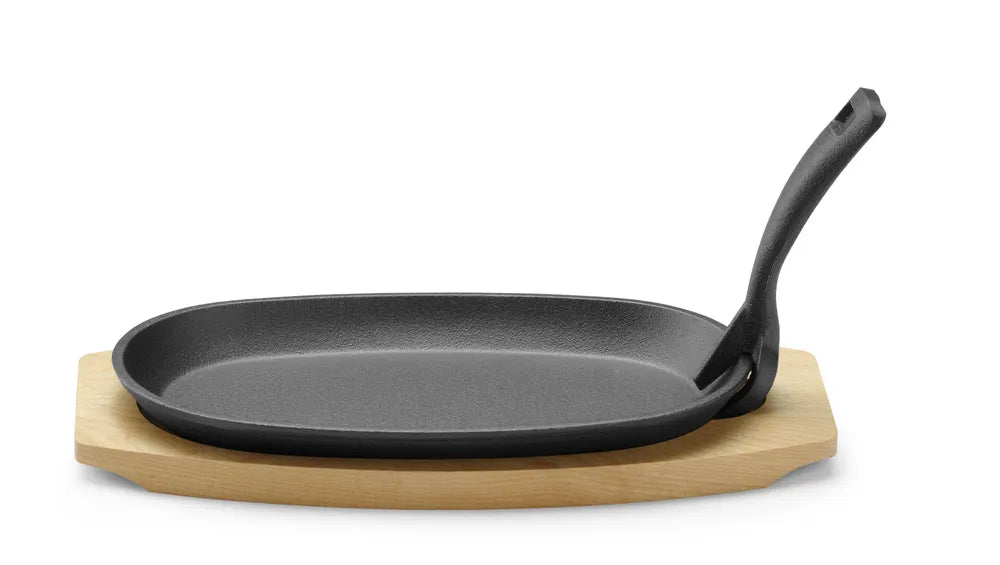 Gusseisenplatte mit Holzunterlage und Griff, HENDI, Schwarz, 280x143x(H)33mm, Oval