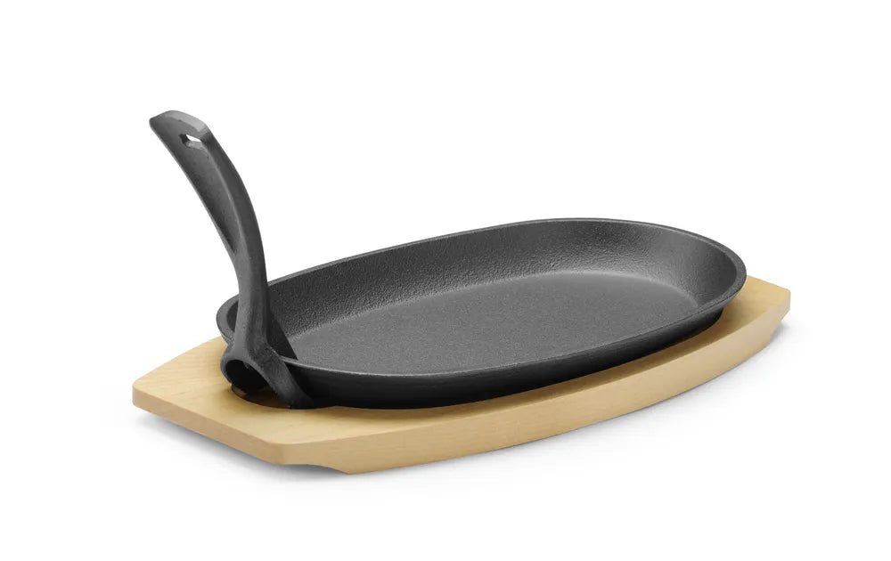 Gusseisenplatte mit Holzunterlage und Griff, HENDI, Schwarz, 280x143x(H)33mm, Oval