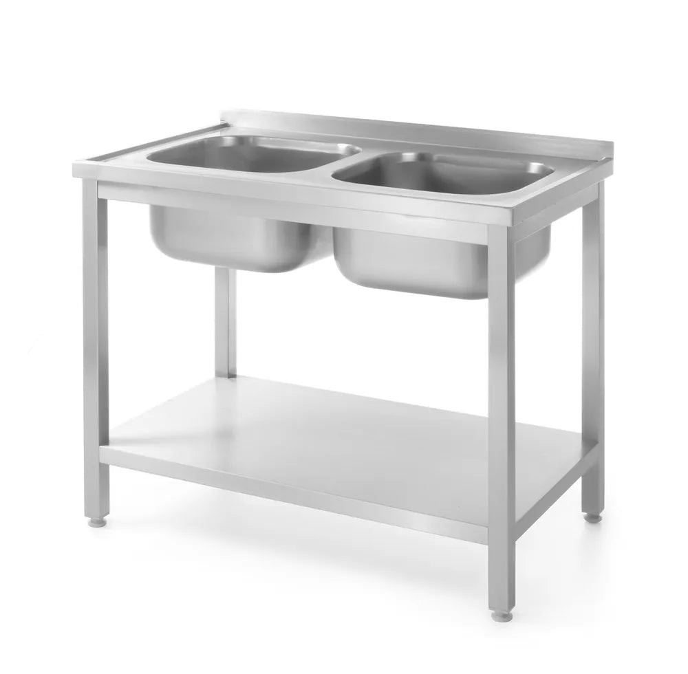 Tisch mit 2 Spülbecken und Ablage – verschraubt, Tiefe 600 mm, HENDI, Profi Line, 1000x600x(H)850mm