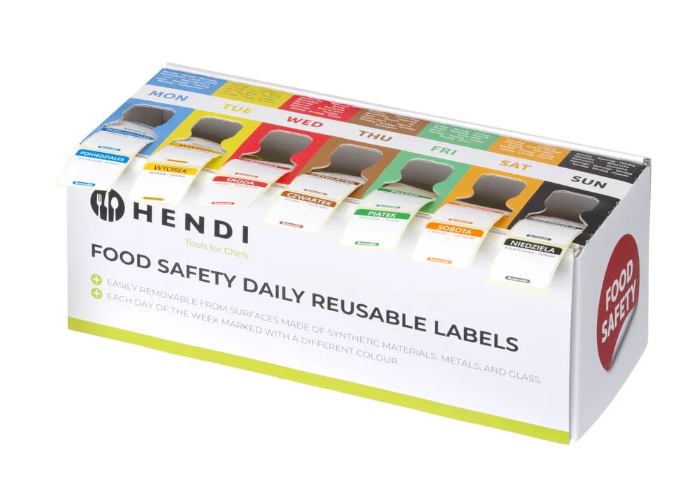 Set Lebensmittelsicherheitsetiketten, mehrfach verwendbar, leicht herausnehmbar, mit Spender, HENDI, 240x80x(H)100mm